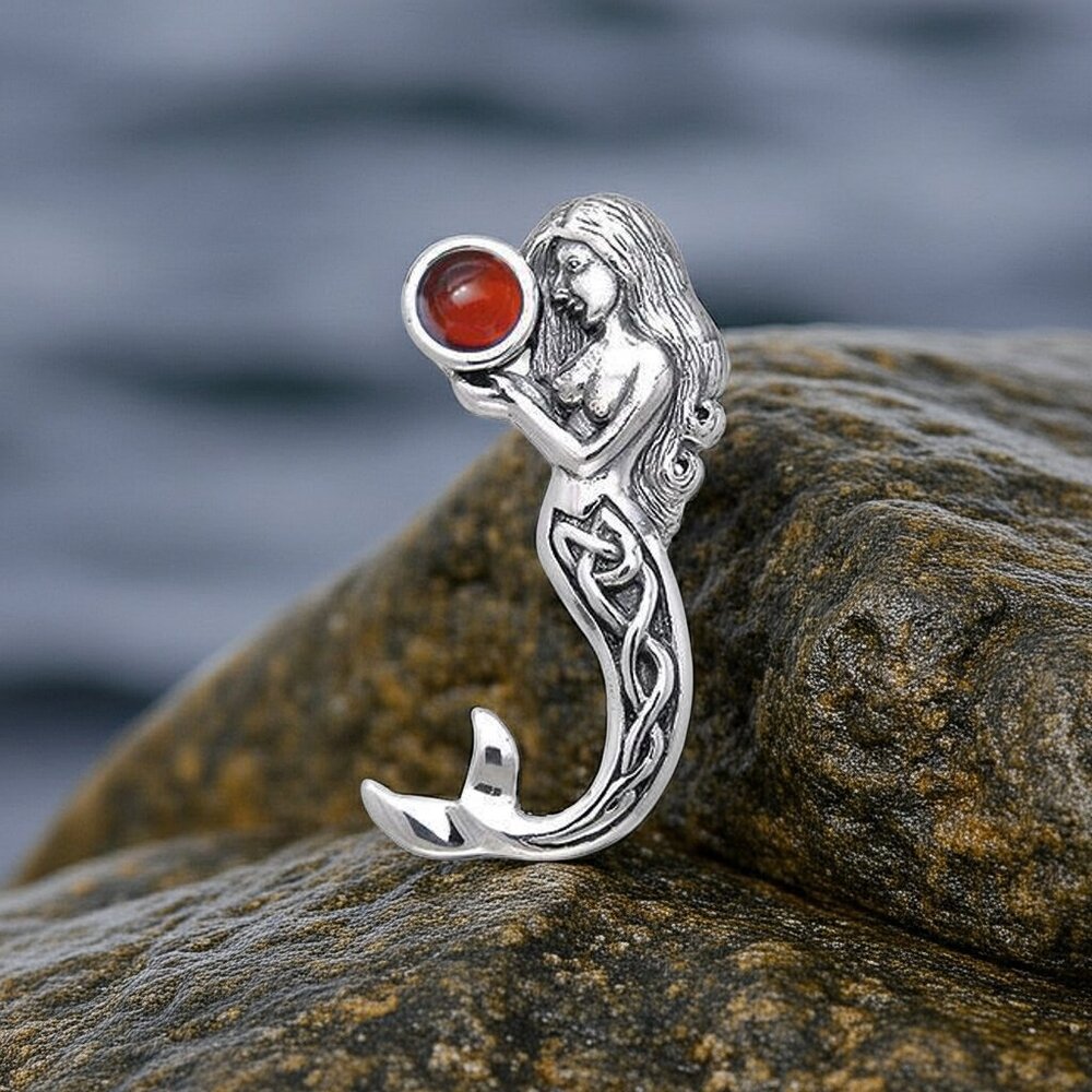 Celtic Mermaid holding a Garnet Under the Sea Pendant - Picture 3 of 5